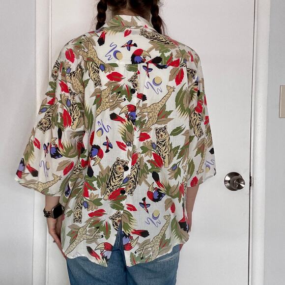 Rhapsody Safari Jungle Print Button Up Cotton Blouse Vintage 1990s Size Large - Picture 8 of 12